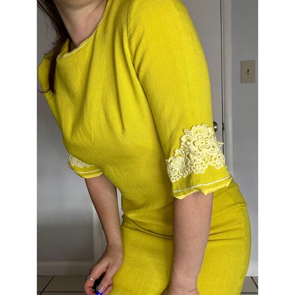 Vintage 1960s Lime Green Shift Dress Stacy Ames Lace Trim Linen Metal Zipper - Picture 10 of 12